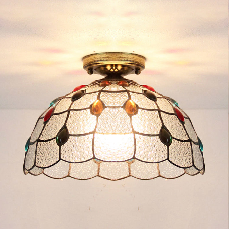 Scalloped Bowl Flush Lighting with Baroque/Gem/Square/Blue Square/Yellow Square Pattern Tiffany Style Stained Glass 1 Bulb Flush Ceiling Light