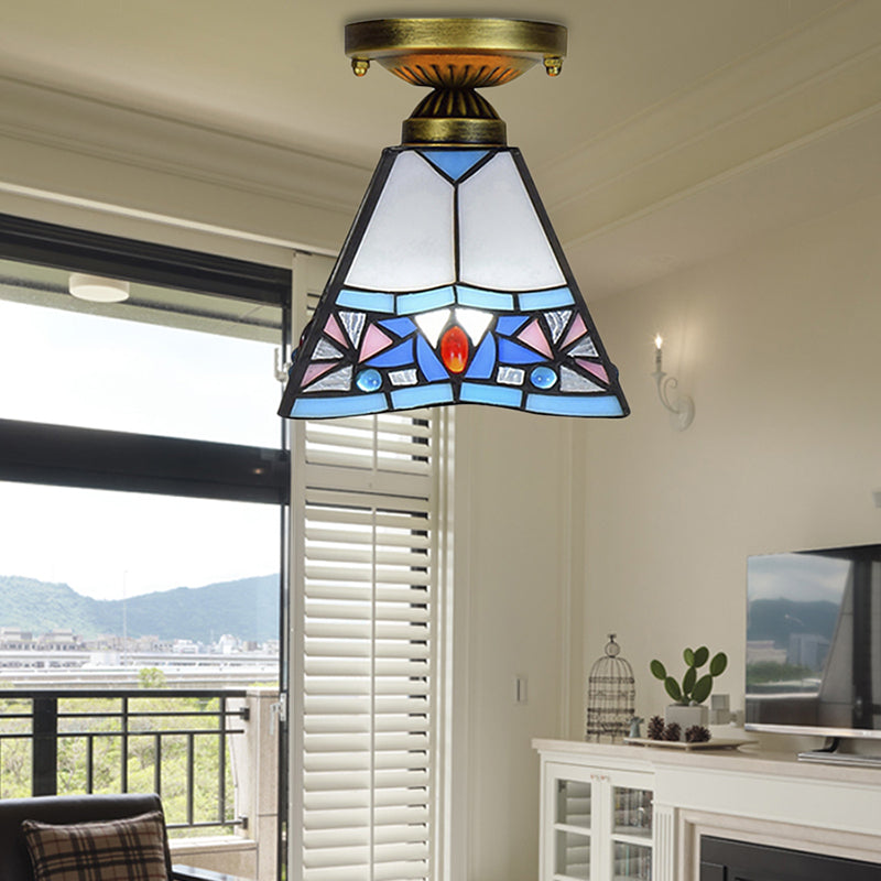 Corridor Craftsman LED Ceiling Mount Light Stained Glass 1 Bulb Ceiling Lamp in White/Beige/Orange/Blue/Blue-Pink/Blue-White for Foyer