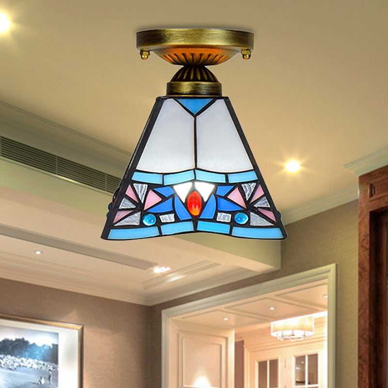 Corridor Craftsman LED Ceiling Mount Light Stained Glass 1 Bulb Ceiling Lamp in White/Beige/Orange/Blue/Blue-Pink/Blue-White for Foyer