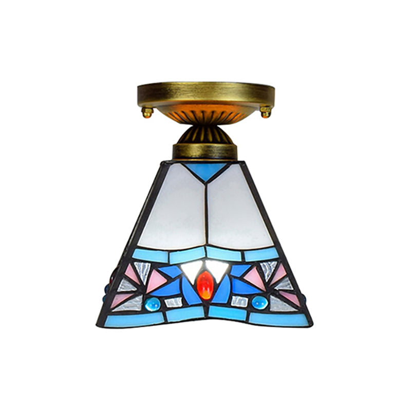 Corridor Craftsman LED Ceiling Mount Light Stained Glass 1 Bulb Ceiling Lamp in White/Beige/Orange/Blue/Blue-Pink/Blue-White for Foyer