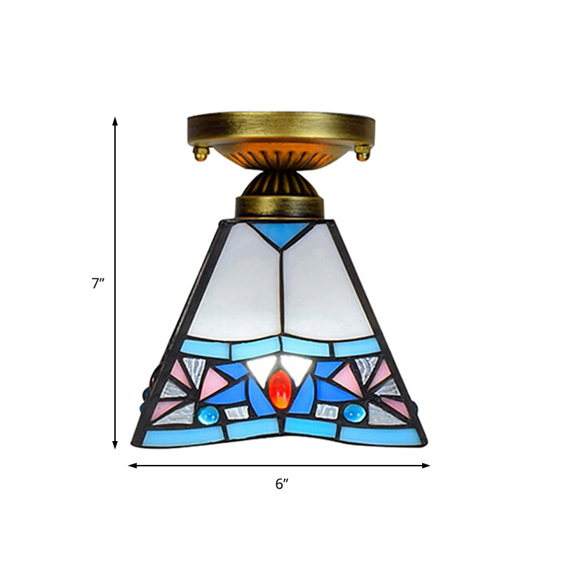 Corridor Craftsman LED Ceiling Mount Light Stained Glass 1 Bulb Ceiling Lamp in White/Beige/Orange/Blue/Blue-Pink/Blue-White for Foyer