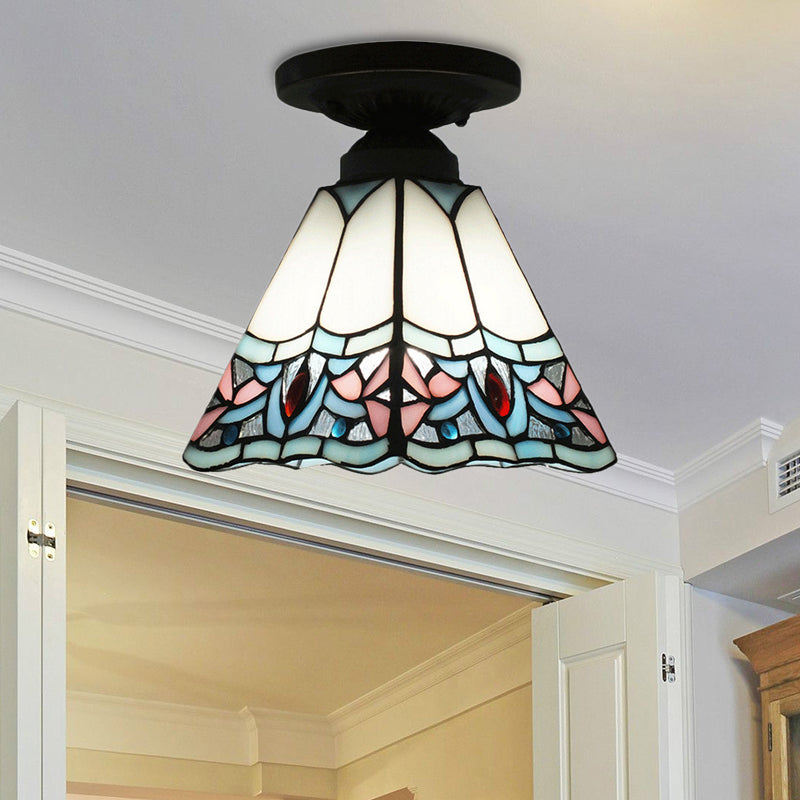 Corridor Craftsman LED Ceiling Mount Light Stained Glass 1 Bulb Ceiling Lamp in White/Beige/Orange/Blue/Blue-Pink/Blue-White for Foyer