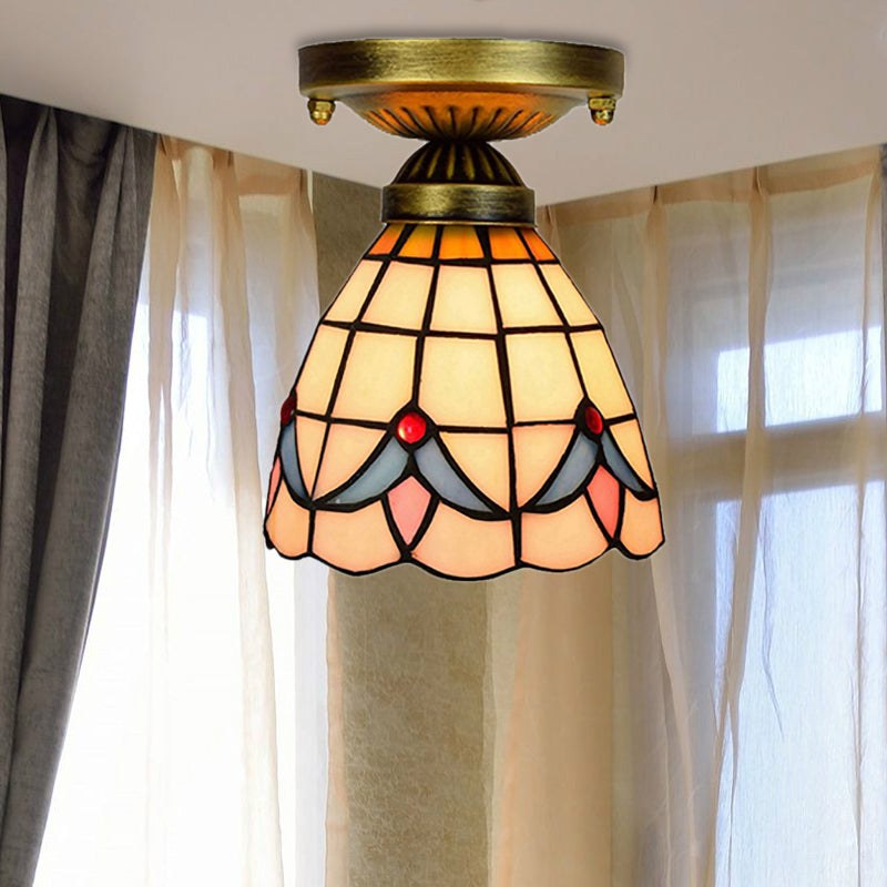 Corridor Craftsman LED Ceiling Mount Light Stained Glass 1 Bulb Ceiling Lamp in White/Beige/Orange/Blue/Blue-Pink/Blue-White for Foyer