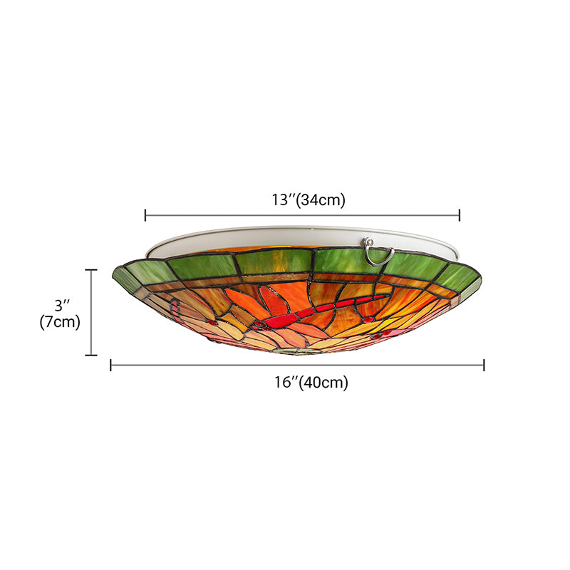 Lodge Dragonfly/Floral Flushmount 3 Bulbs Stained Glass Flush Ceiling Light in Yellow for Living Room