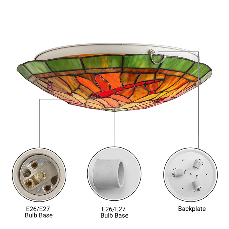 Lodge Dragonfly/Floral Flushmount 3 bollen gebrandschilderd glas spoelplafondlicht in geel voor woonkamer