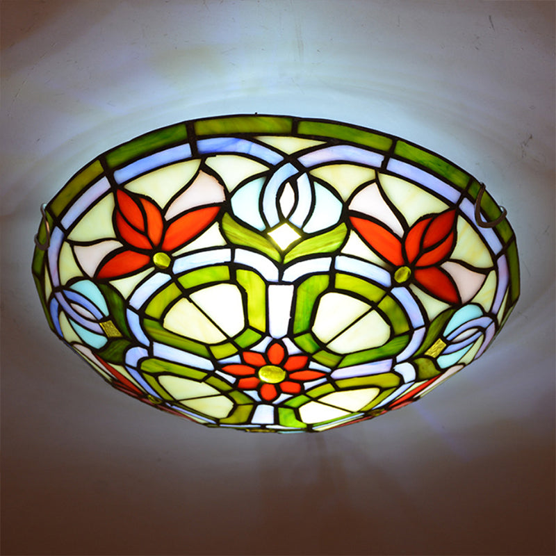 Lodge Dragonfly/Floral Flushmount 3 Bulbs Stained Glass Flush Ceiling Light in Yellow for Living Room