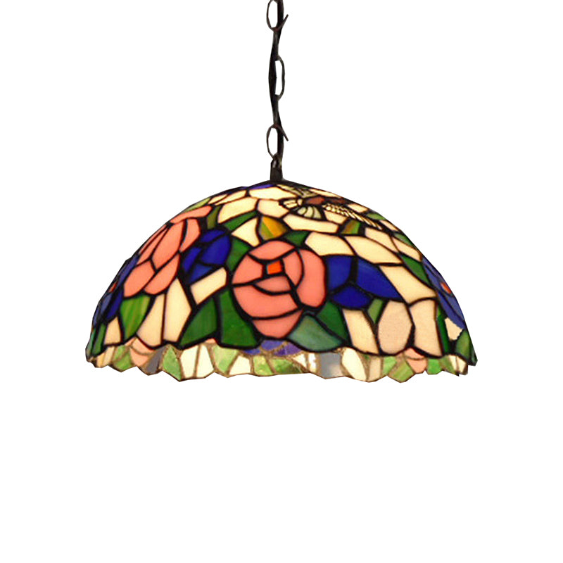 1 Head Bowl Pendant Lamp Baroque Black Stained Glass Suspended Light Fixture with Red/Pink Rose Pattern