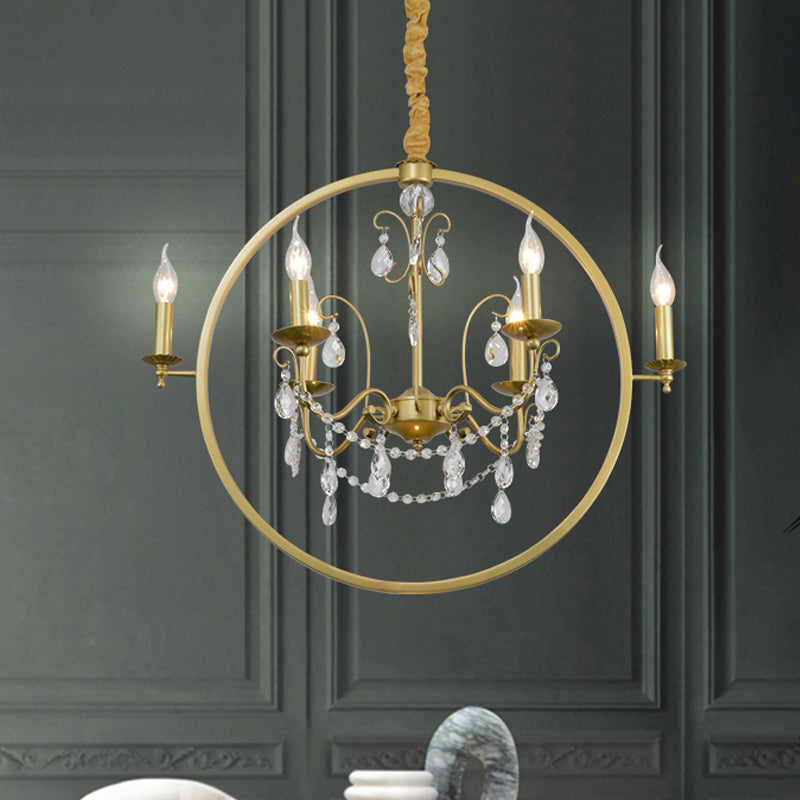 Metallic Golden Ceiling Pendant Circular 6/8-Head Colonial Style Chandelier Light with Crystal Draping