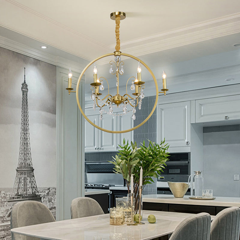 Metallic Golden Ceiling Pendant Circular 6/8-Head Colonial Style Chandelier Light with Crystal Draping