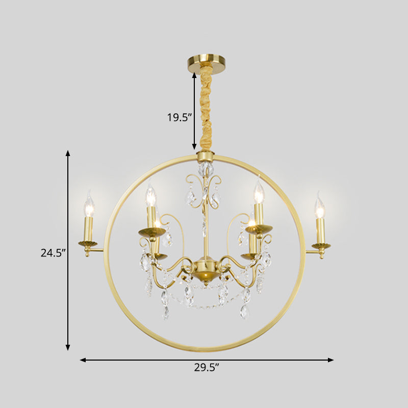 Costeo de techo dorado metálico Circular de 6/8 cables de lámpara de lámpara de lámpara de estilo colonial con drapeado de cristal