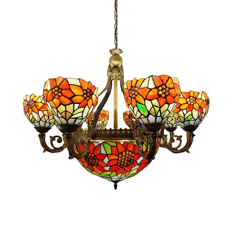 Stained Glass Sunflower Chandelier Multi-Head Rustic Tiffany Hanging Light in Orange for Dining Room