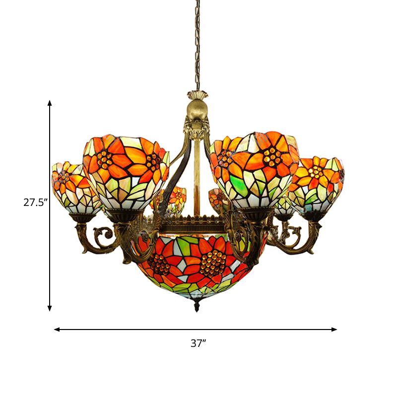 Stained Glass Sunflower Chandelier Multi-Head Rustic Tiffany Hanging Light in Orange for Dining Room