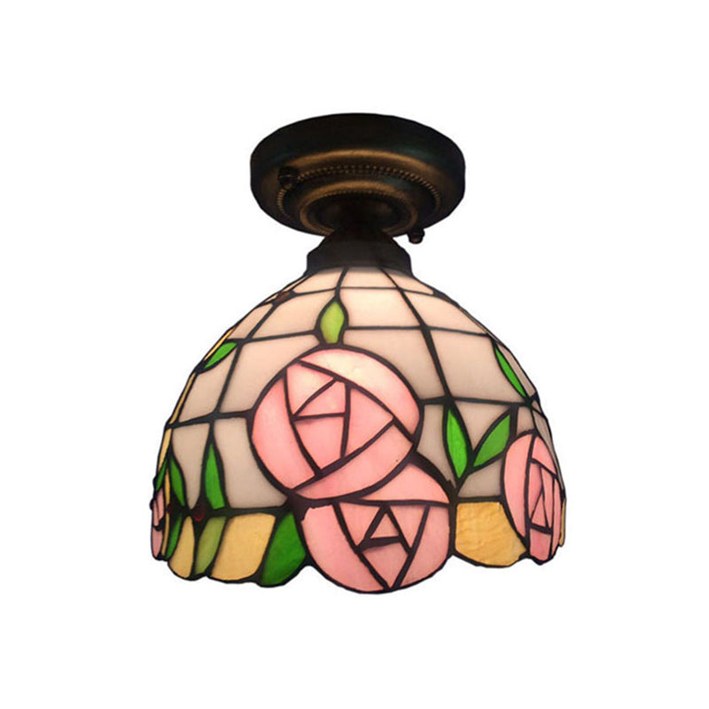 Rustic Tiffany Rose/Morning Glory Flushmount Light 1 Light Stained Glass Ceiling Light in Pink for Cafe