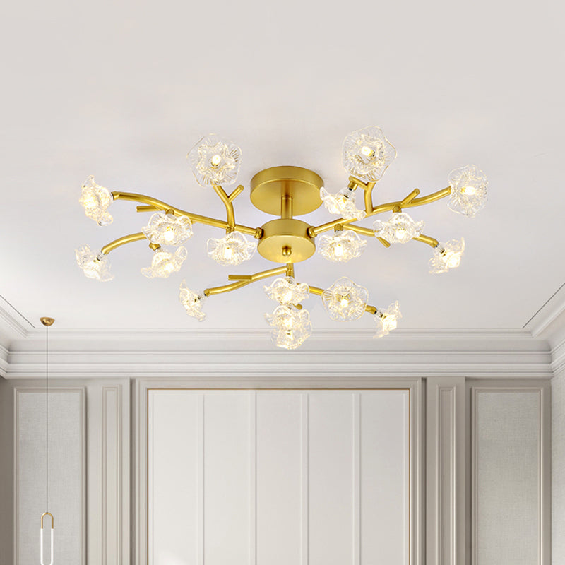 Contemporary Branch Ceiling Lamp with Blossom Metallic Gold Semi Flush Ceiling Light for Dining Room