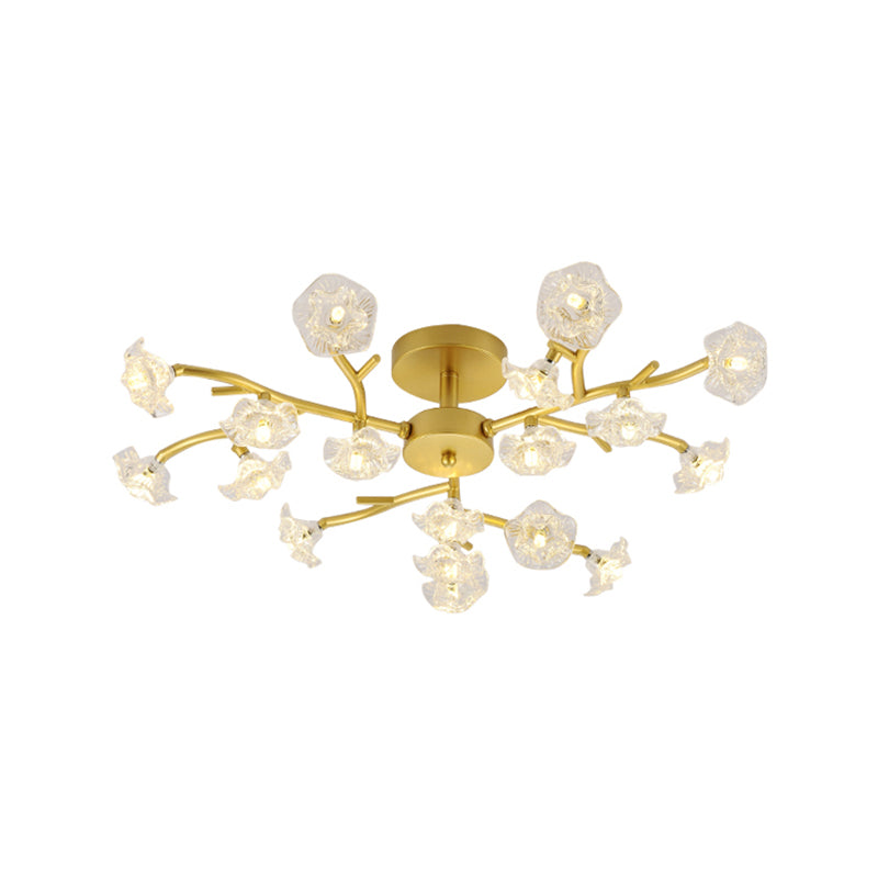 Contemporary Branch Ceiling Lamp with Blossom Metallic Gold Semi Flush Ceiling Light for Dining Room