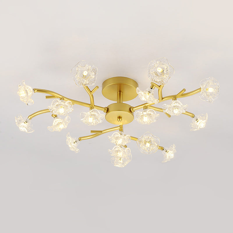 Lampe au plafond de branche contemporaine avec fleur de plafond semi-rince en or métallique pour salle à manger