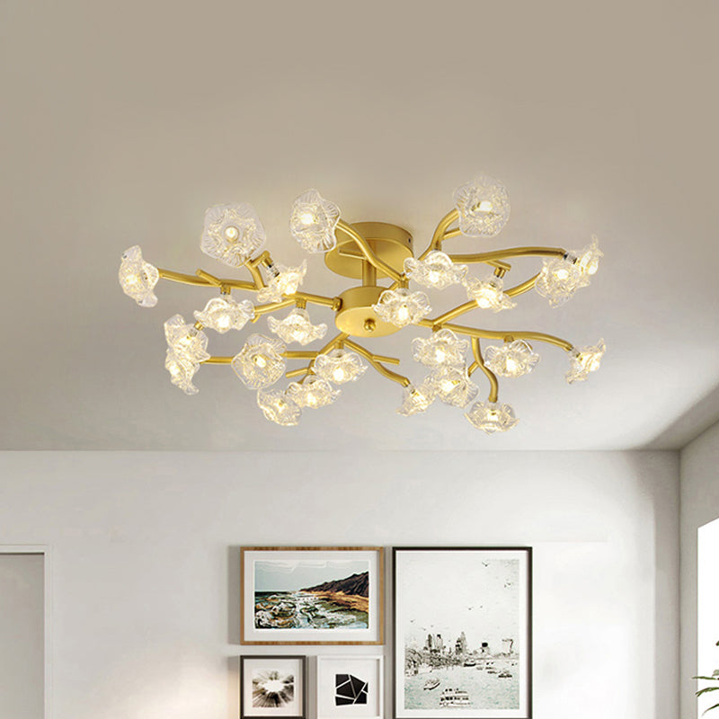 Lampe au plafond de branche contemporaine avec fleur de plafond semi-rince en or métallique pour salle à manger