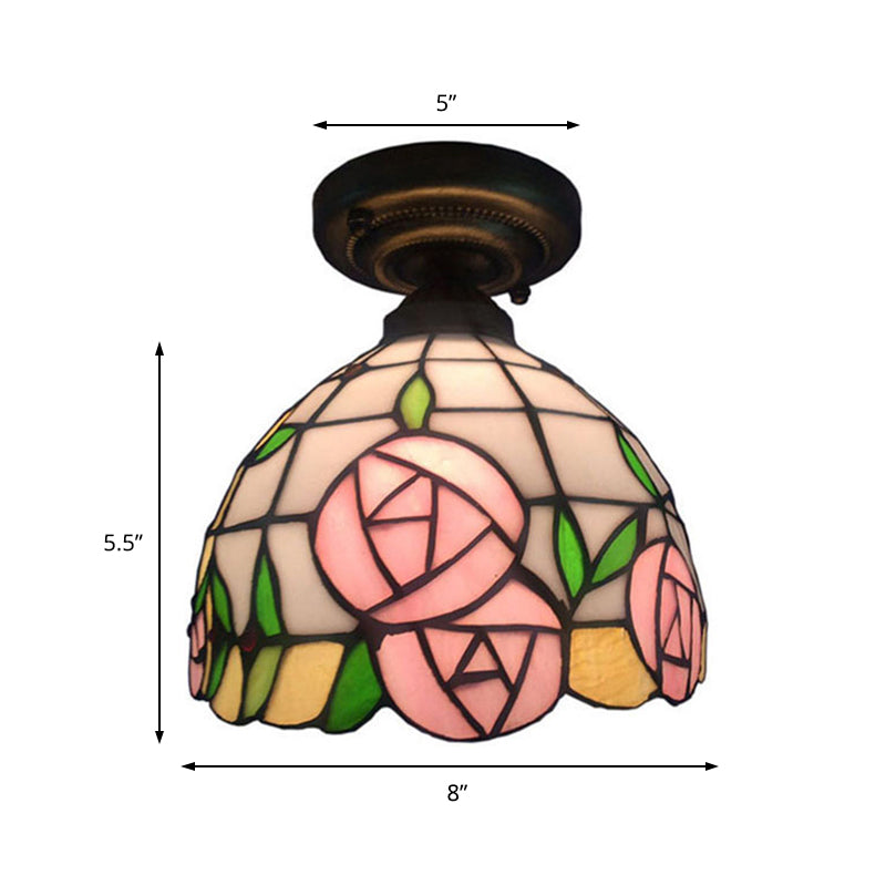 Rustic Tiffany Rose/Morning Glory Flushmount Light 1 Light Stained Glass Ceiling Light in Pink for Cafe