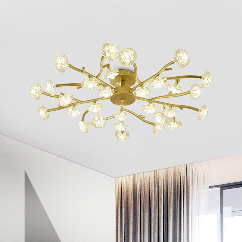 Contemporary Branch Ceiling Lamp with Blossom Metallic Gold Semi Flush Ceiling Light for Dining Room