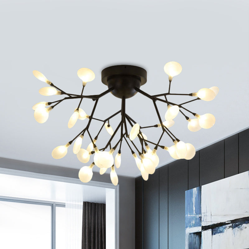 Black Twig Ceiling Light with Round Flower Multi-Head Creative Metallic Semi Flush Ceiling Light for Cafe