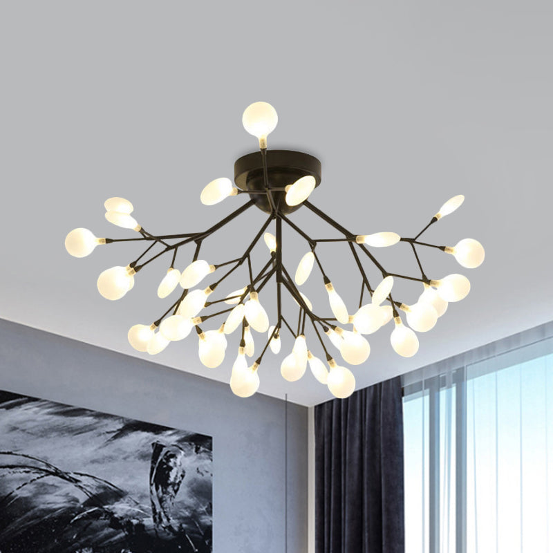 Black Twig Ceiling Light with Round Flower Multi-Head Creative Metallic Semi Flush Ceiling Light for Cafe