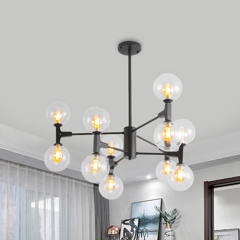 Modern Orb Shade Chandelier Amber/Cream Glass and Metal 12 Heads Pendant Lighting in Black/White for Restaurant Cafe