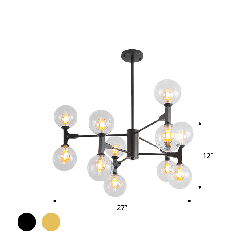 Modern Orb Shade Chandelier Amber/Cream Glass and Metal 12 Heads Pendant Lighting in Black/White for Restaurant Cafe