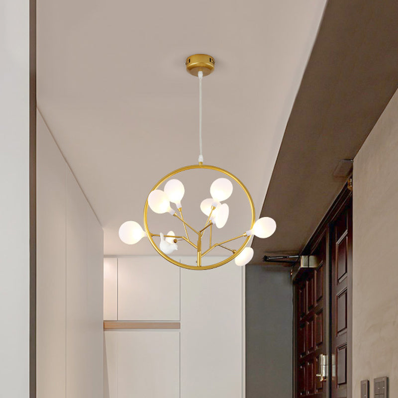 9 Lights Branch Pendant Lamp with Bird Deco Elegant Metallic Hanging Light in Gold for Cloth Shop