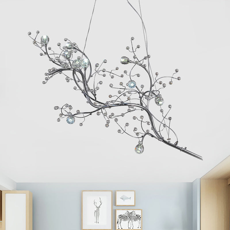 Chandelier de branche mince métallique avec perle en cristal 10 lumières Lumière de suspension romantique pour la boutique