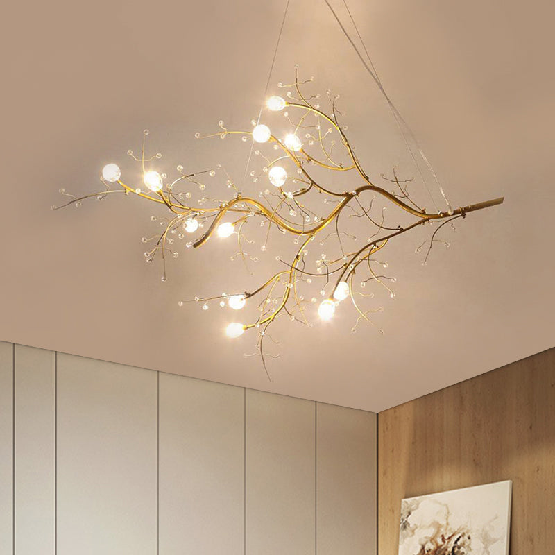 Metallic Thin Branch Chandelier with Crystal Bead 10 Lights Romantic Suspension Light for Boutique