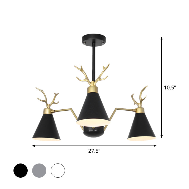 Nordic Cone Hanging Lamp with Deer Horn 3 Lights Metal Chandelier for Cafe Restaurant