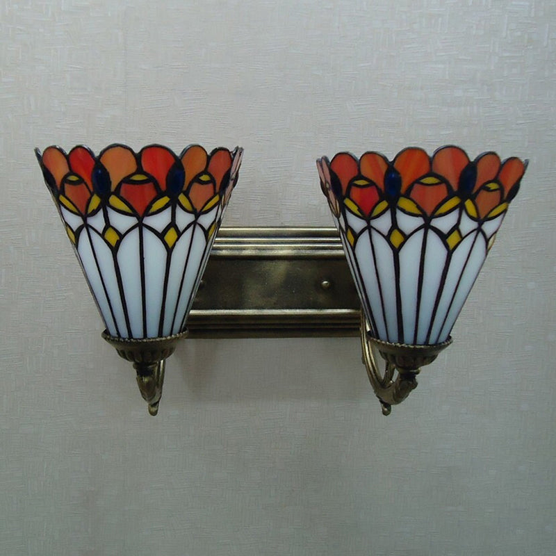 Tiffany Vintage Orange Wall Sconce Cone Shade 2 Lights Art Glass Wall Light for Bathroom