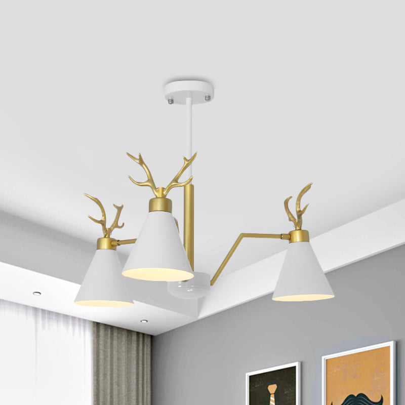 Nordic Cone Hanging Lamp with Deer Horn 3 Lights Metal Chandelier for Cafe Restaurant