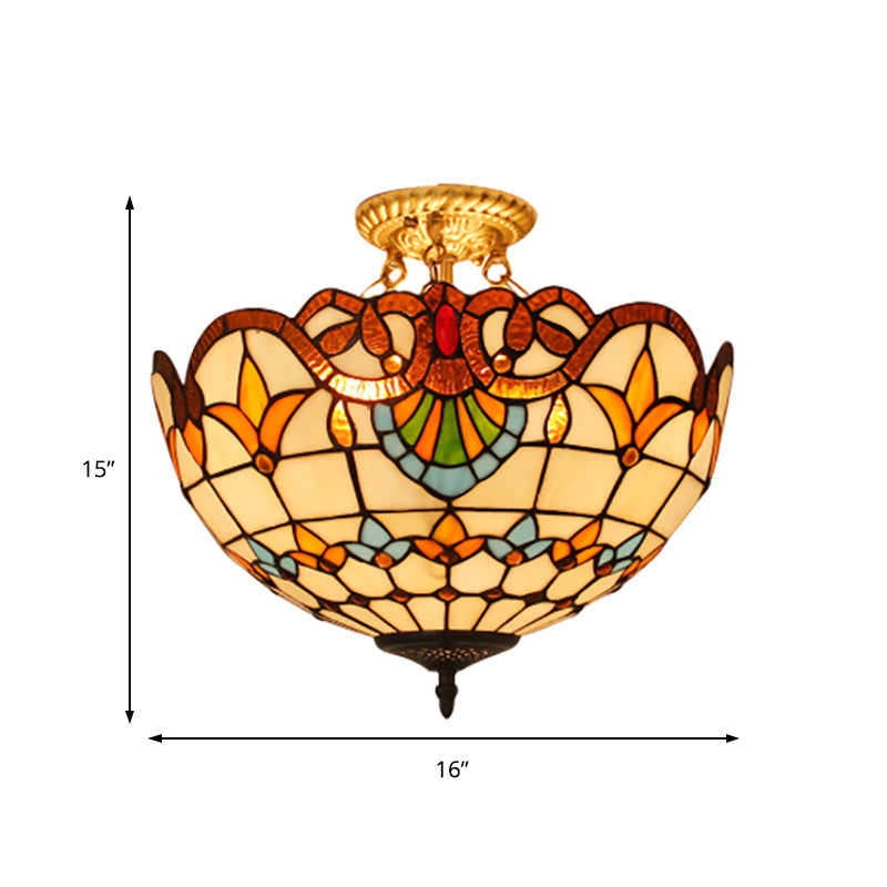 Bowl Semi Flush Light Victoriaanse stijl gebrandschilderd glas 3 lichten semi -flushmount in blauw/bruin voor foyer