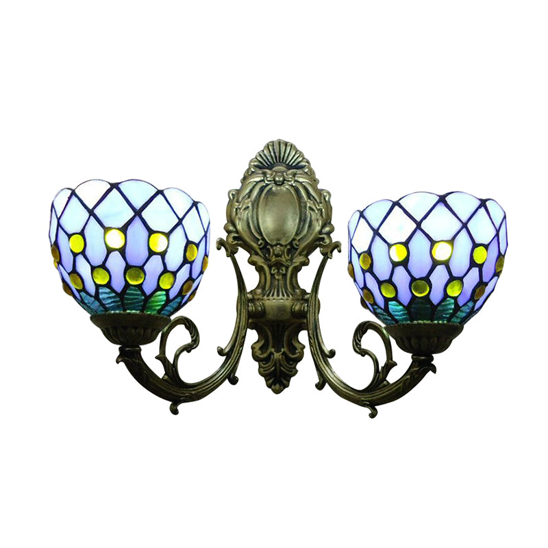 Blue Lattice Domed Wall Scone Two Lights Classic Tiffany Stained Glass Wall Light for Bar