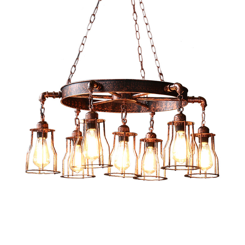 Dark Rust 7 Lights Pendant Light Farmhouse Wrought Iron Bell Cage Hanging Chandelier Lamp with Wheel Design