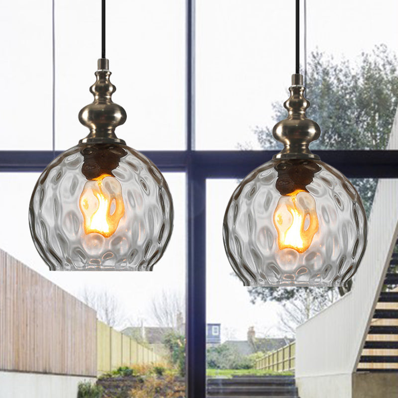 Single Bulb Round Pendant Lighting Fixture Industrial Grey/Clear/Amber Dimpled Glass Hanging Ceiling Light