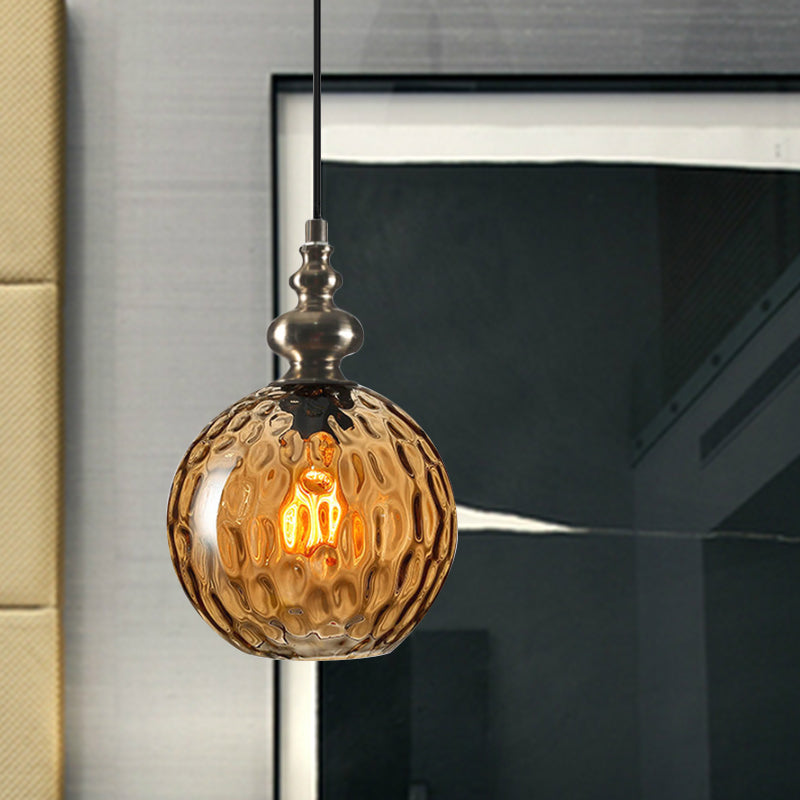 Single Bulb Round Pendant Lighting Fixture Industrial Grey/Clear/Amber Dimpled Glass Hanging Ceiling Light