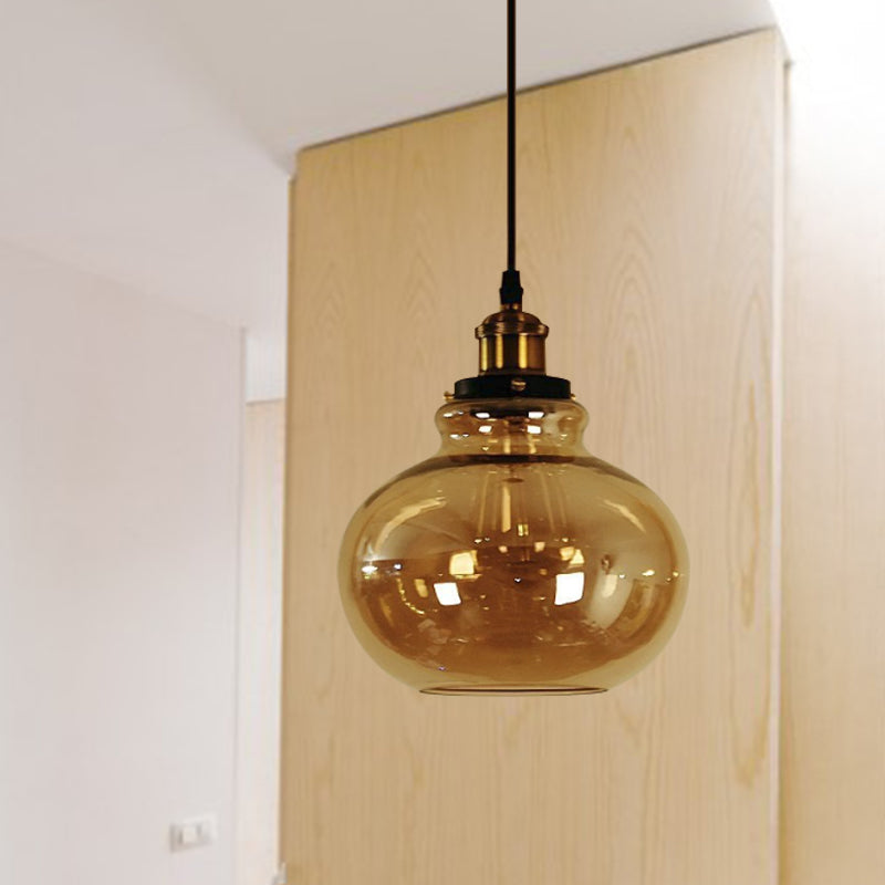 1 Light Globe Pendant Ceiling Light Farmhouse Brass Amber Glass Hanging Lamp for Indoor