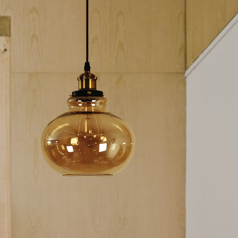 1 Light Globe Pendant Ceiling Light Farmhouse Brass Amber Glass Hanging Lamp for Indoor