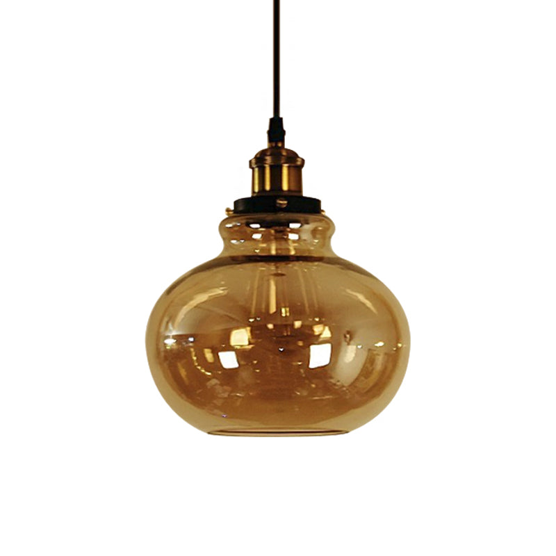 1 Light Globe Pendant Ceiling Light Farmhouse Brass Amber Glass Hanging Lamp for Indoor