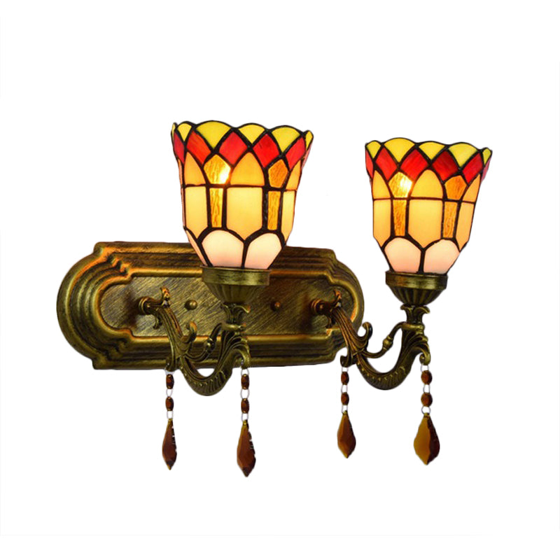 Foyer Stair Bell Wall Sconce with Agate Stained Glass 2 Heads Tiffany Traditional Wall Light