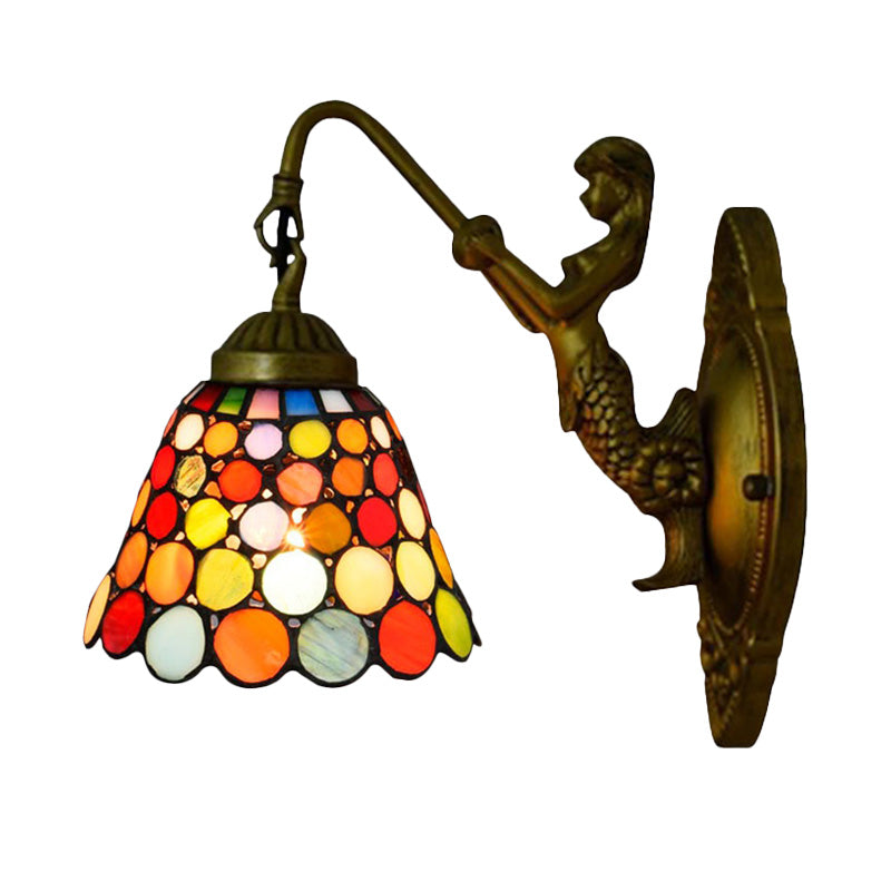 Antique Brass 1 Head Wall Light Fixture Tiffany Multicolor Stained Glass Flared Sconce Light