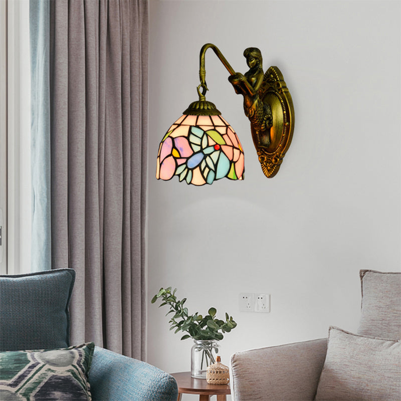Blue-Pink Bowl Sconce Light Tiffany 1 Head Multicolor Stained Glass Wall Mounted Light