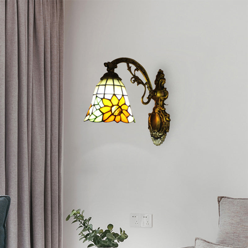Yellow Glass Bell Shade Wall Light with Sunflower and Carved Arm 1 Bulb Rustic Sconce for Villa