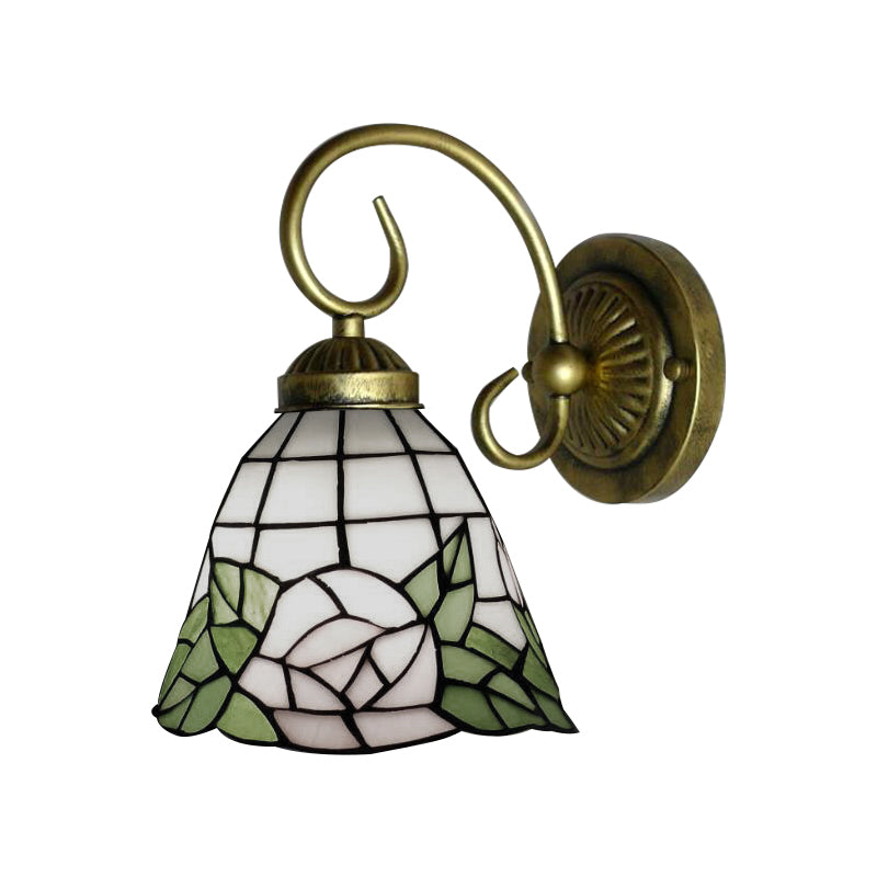 Green Bell Wall Light Fixture Tiffany 1 Head Stained Glass Sconce Light with Rose Pattern
