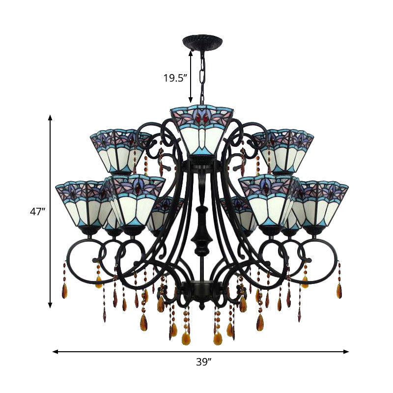 Rustic Tapered Hanging Light Stained Glass 11 Lights Chandelier with Crystal in White for Stairway