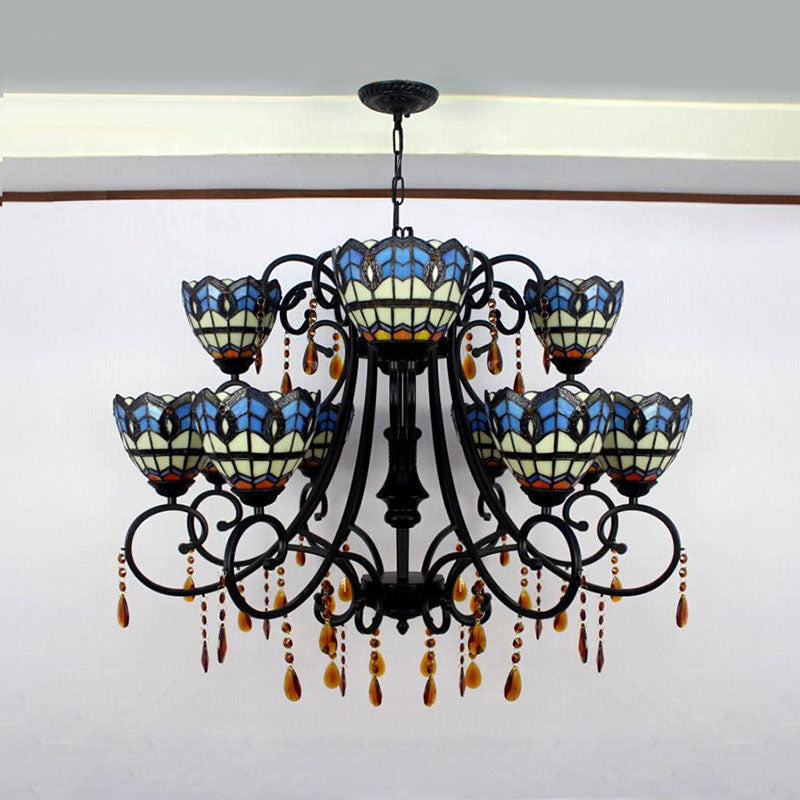 Lumière suspendue en forme de bol Verre tachée rustique 11 lumières lustre avec cristal en bleu pour salle à manger