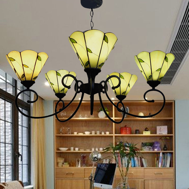 Loft Style Leaf Chandelier Lighting 5 Lights Stained Glass Hanging Pendant Light in Beige