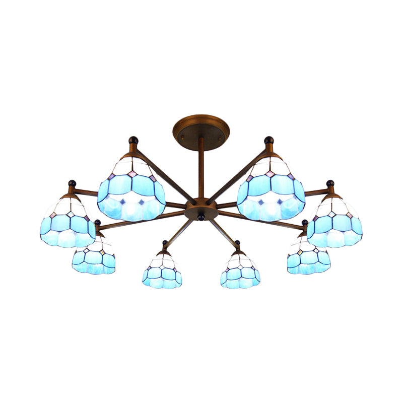 Dome-Shaped Hanging Pendant Rustic Stained Glass 8 Lights Chandelier Light in Red/Blue/Yellow for Bedroom Lighting